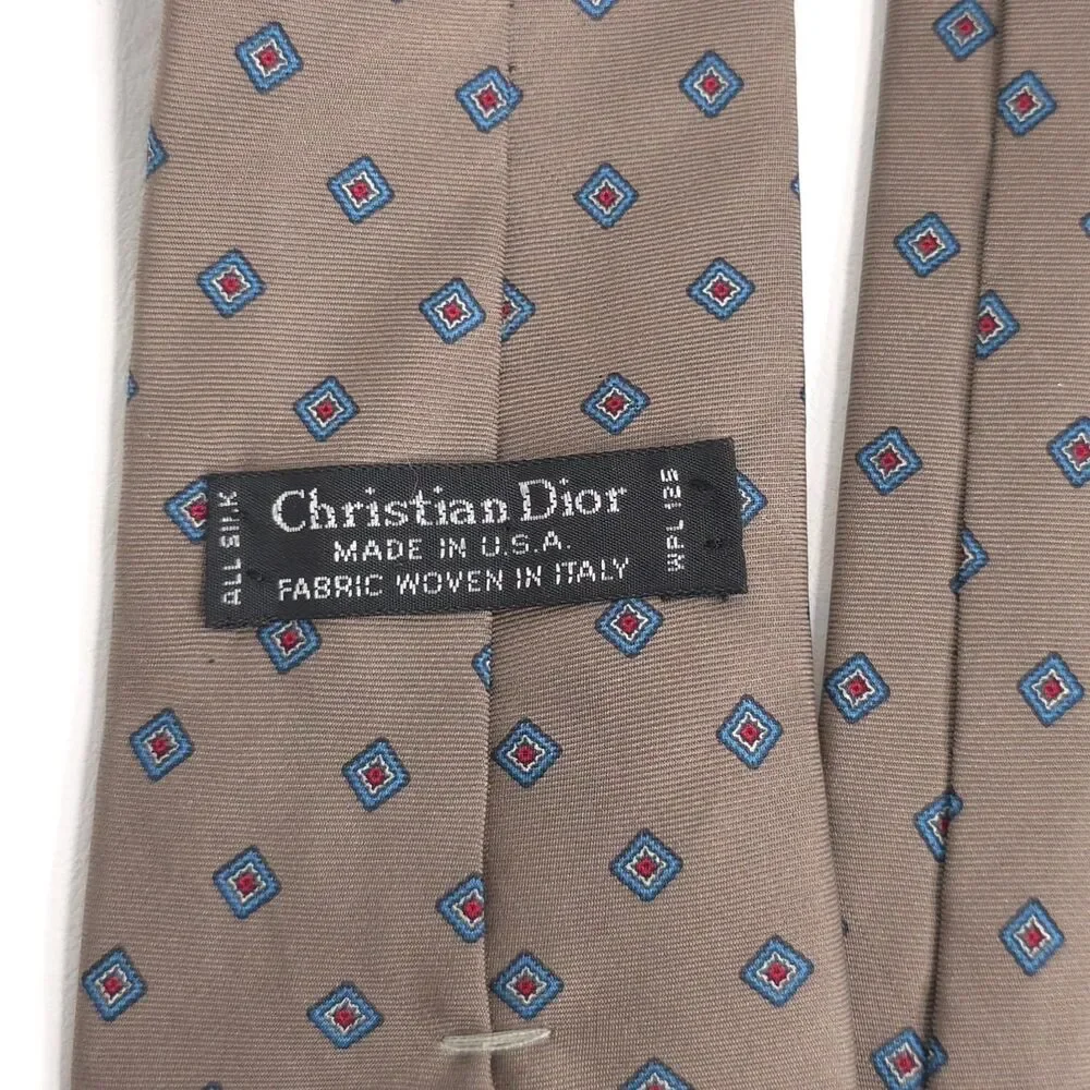 CHRISTIAN DIOR Men's Silk Tie Taupe Fabric Woven Italy Vintage USA‎ Made WPL125
